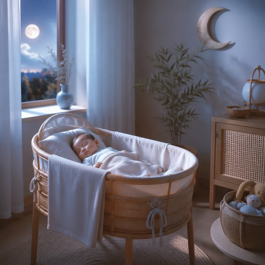A peaceful baby sleeping in a soft pastel nursery with gentle moon-inspired decor.