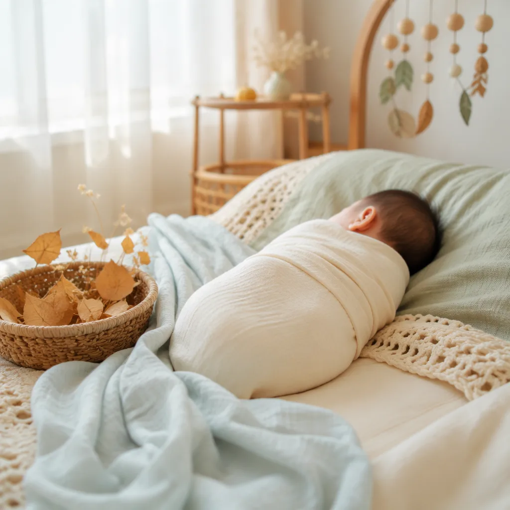 Sleeping Vietnamese baby in a soft pastel nursery with autumn leaves and river-inspired decor.
