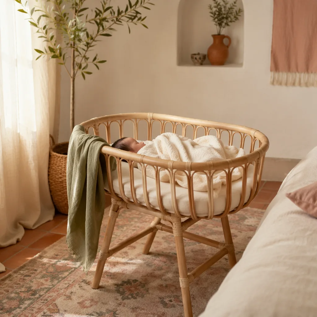 A softly lit Spanish-inspired nursery with a sleeping baby in a cream blanket.