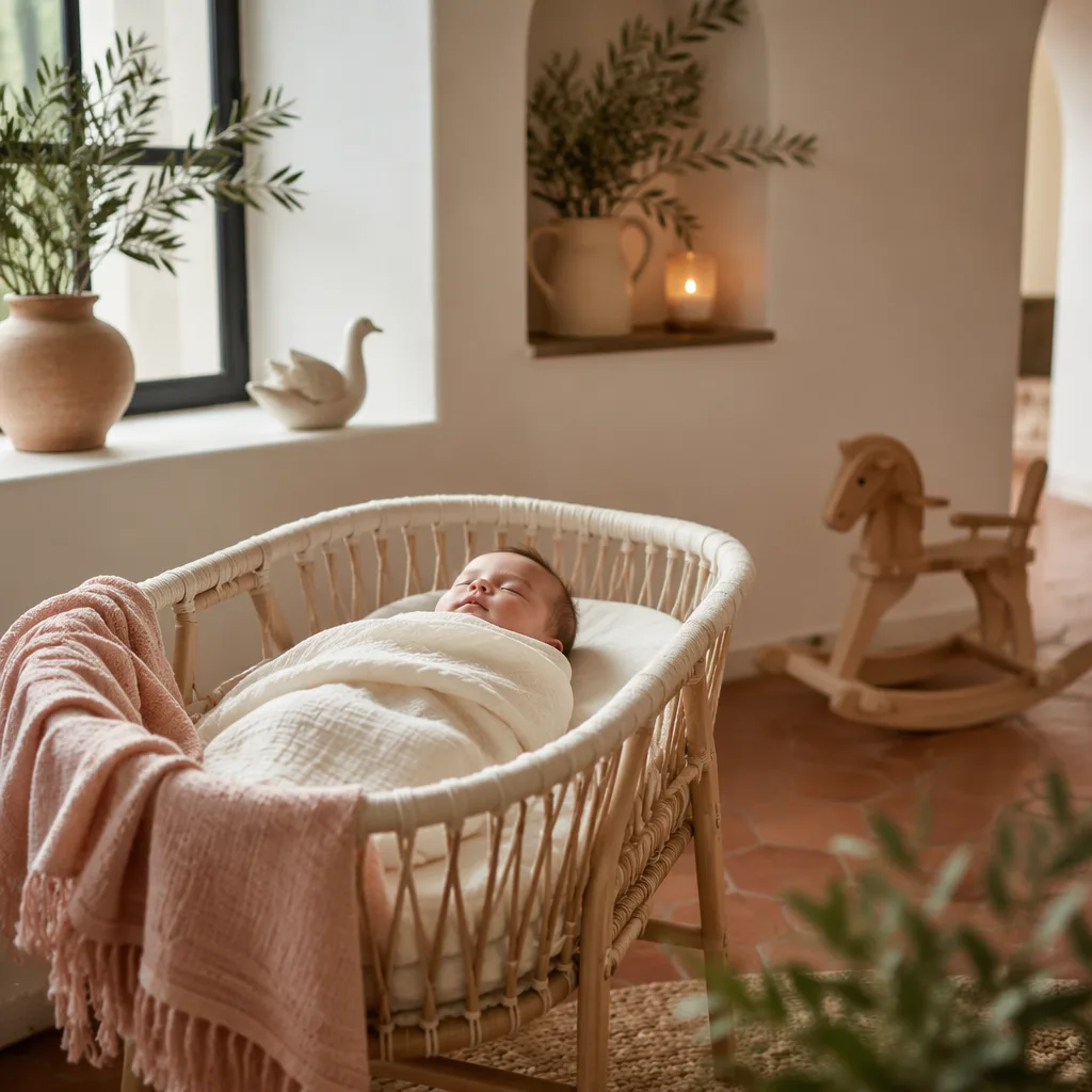 Sleeping baby in a softly lit Spanish-inspired nursery with peaceful pastel accents.