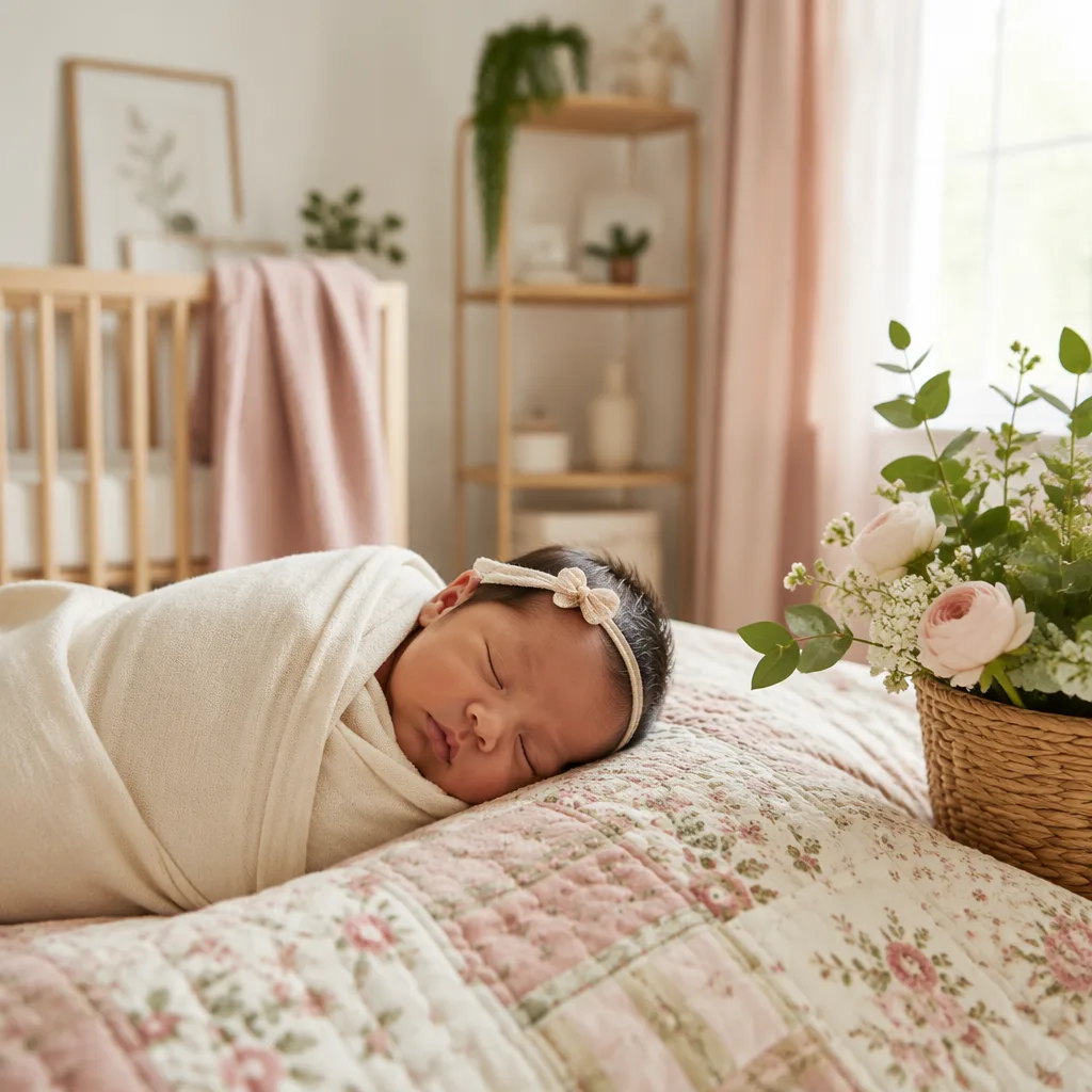 Sleeping Filipino newborn in a soft pastel nursery with garden-inspired accents.