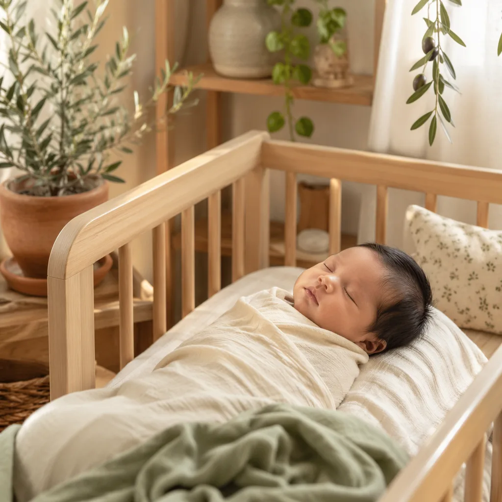 A peaceful Filipino baby in a cozy pastel nursery with soft greenery inspired by the name Carmelo.