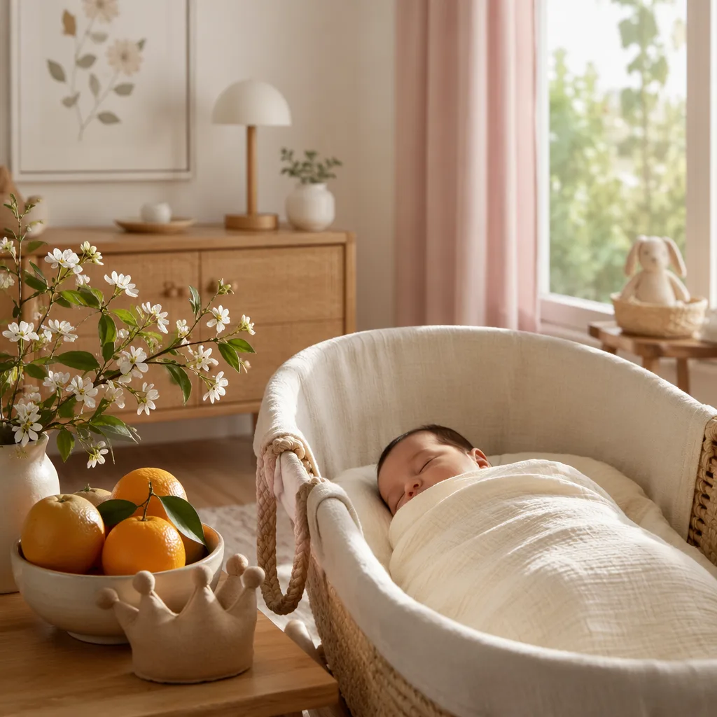 Sleeping baby in a soft Spanish-inspired nursery with orange blossoms and warm natural light.