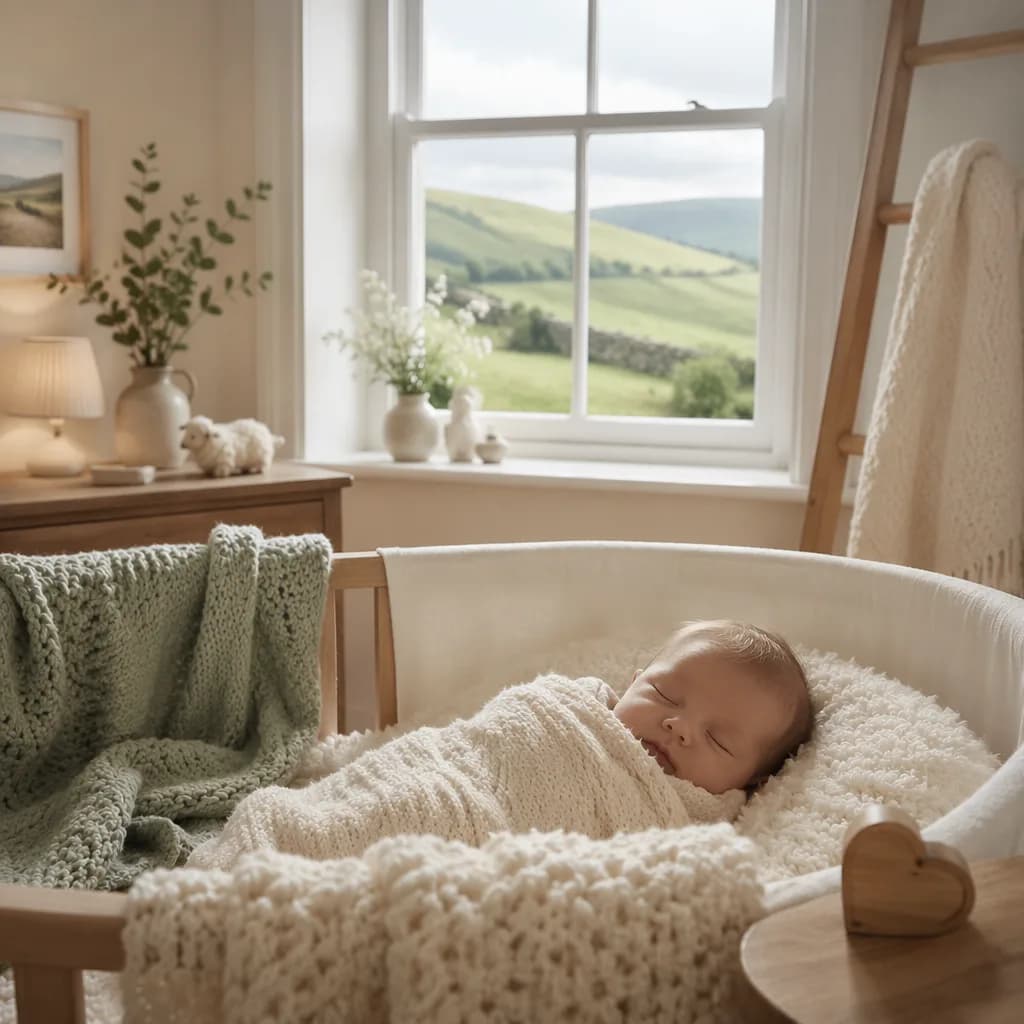 A softly lit Welsh-inspired nursery with a sleeping baby and a wooden heart keepsake.