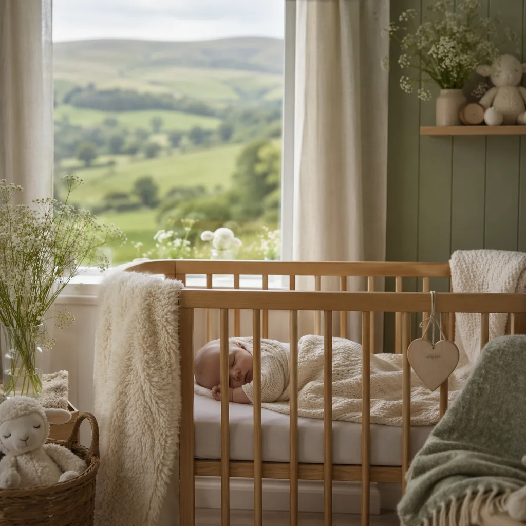 A peaceful Welsh-inspired nursery with a sleeping baby in soft white blankets and gentle pastel light.