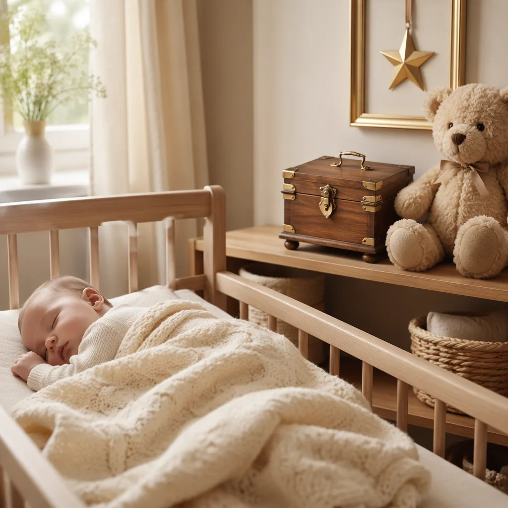 Sleeping baby in a cozy pastel nursery with a keepsake box and plush bear.
