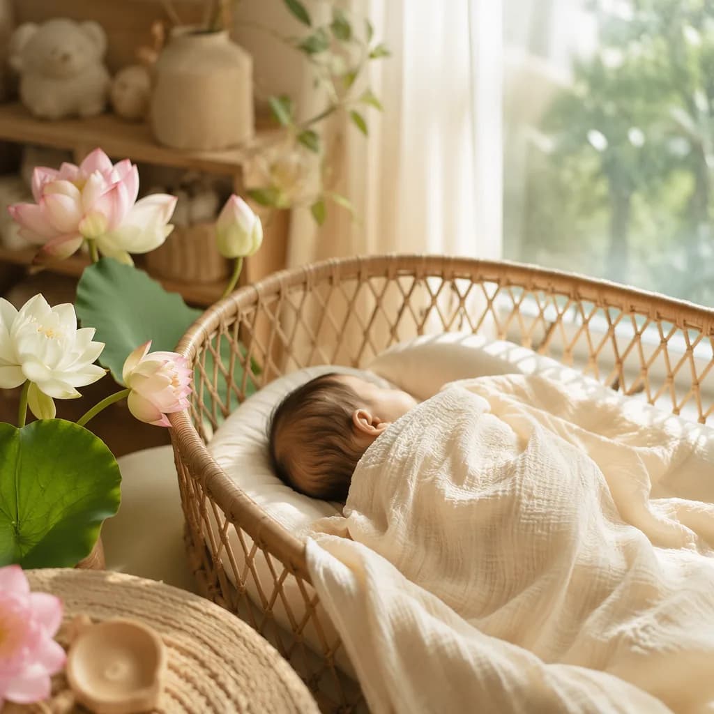 Sleeping baby in a soft Vietnamese-inspired nursery with lotus flowers and warm morning light.