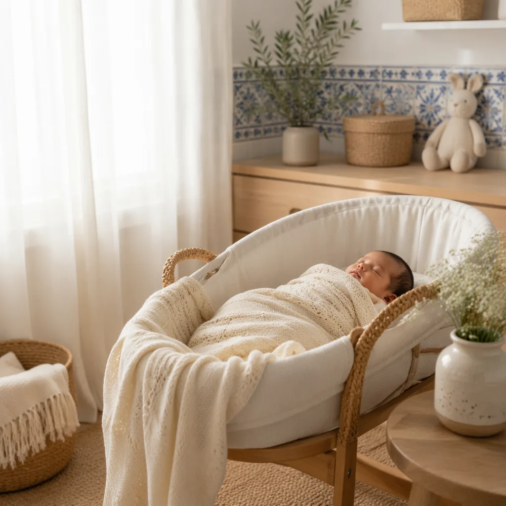 Soft pastel Portuguese-inspired nursery with a sleeping newborn in a cozy bassinet.