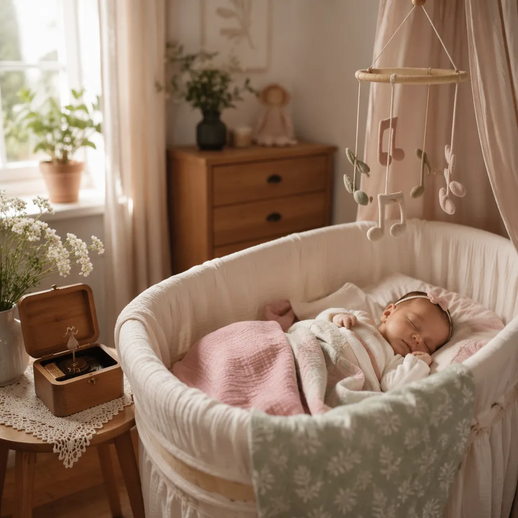 A peaceful pastel nursery with a sleeping baby and a small wooden music box.