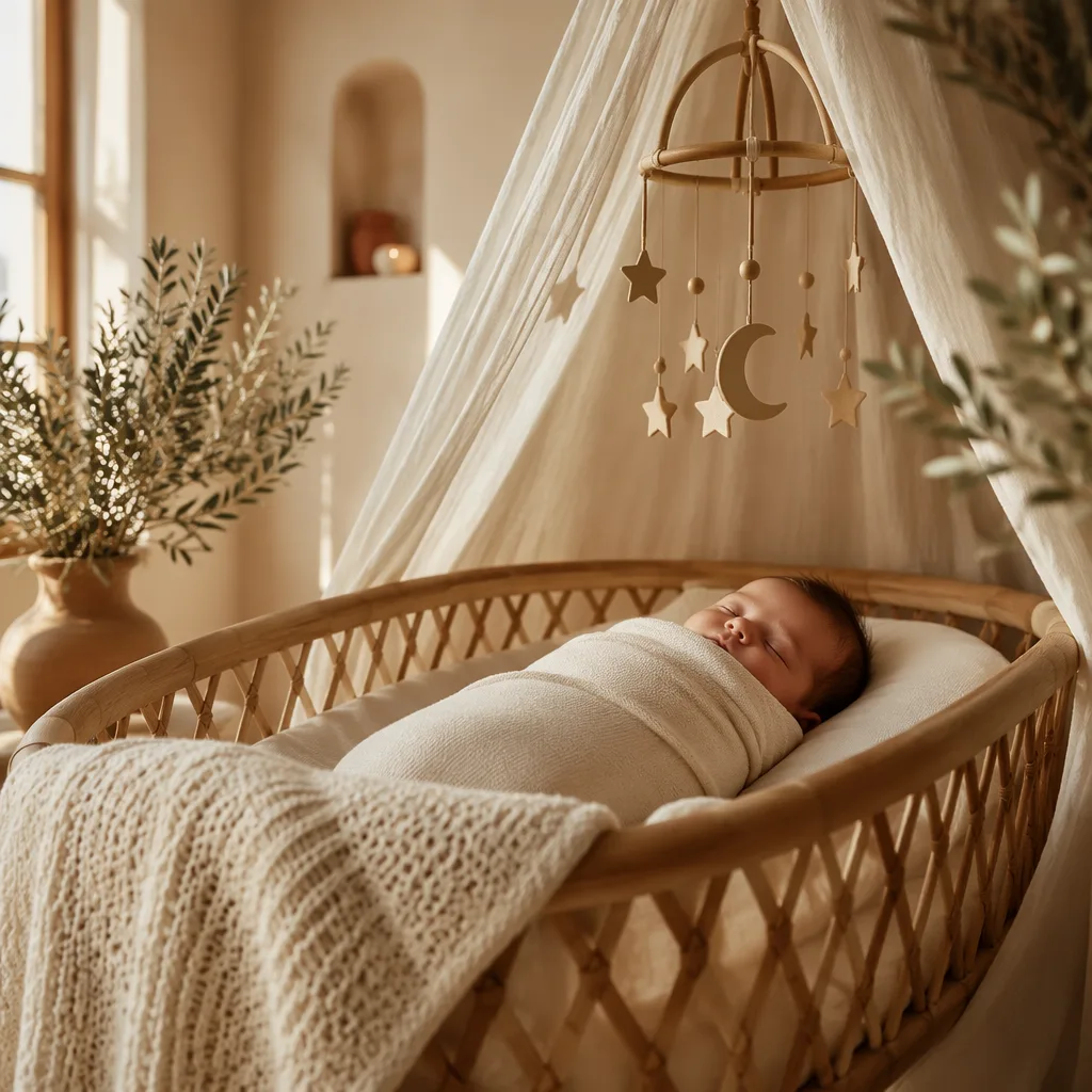 Sleeping baby in a soft Spanish-inspired nursery with celestial and protective accents.
