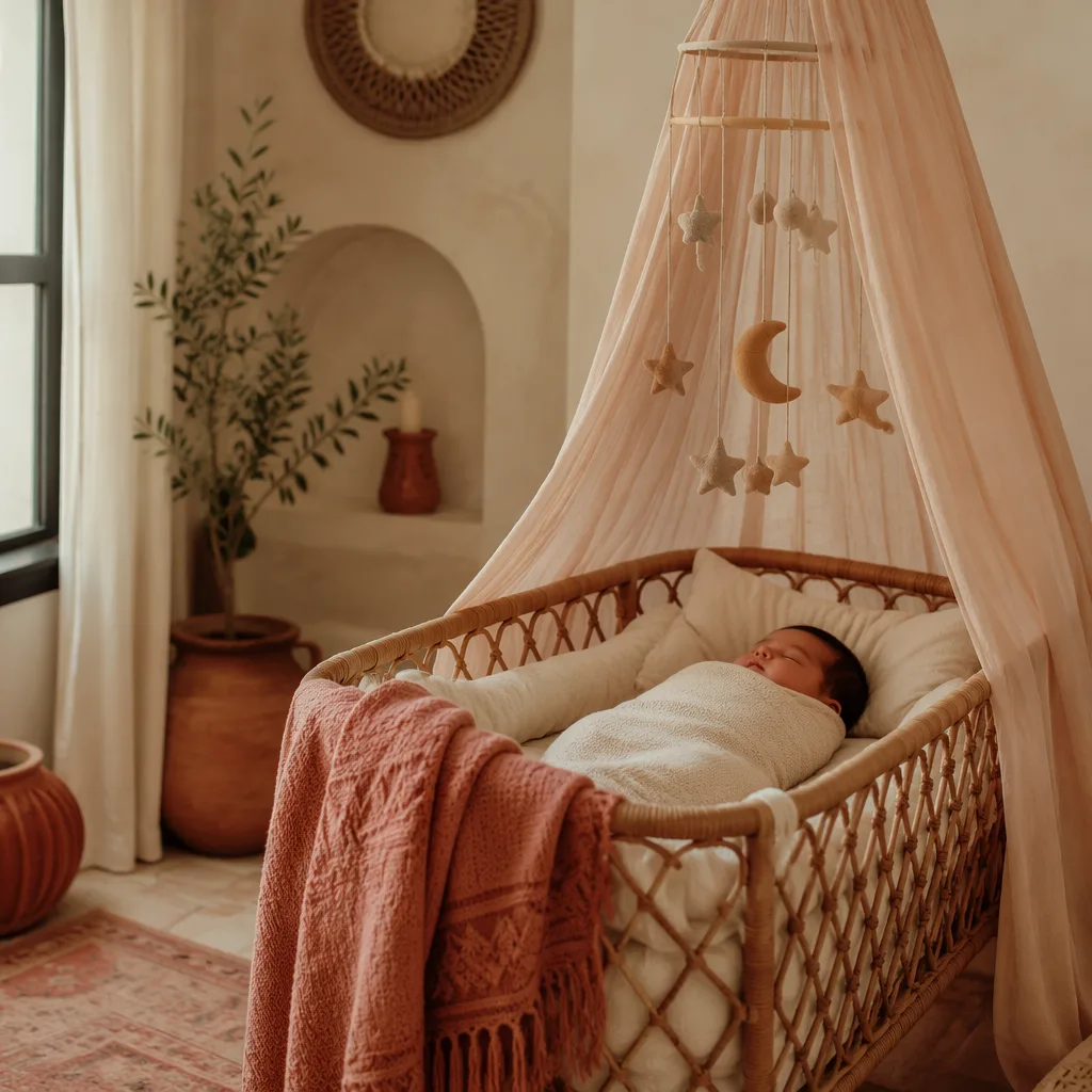 Sleeping baby in a soft Spanish-inspired nursery with celestial decor and a protective shawl.