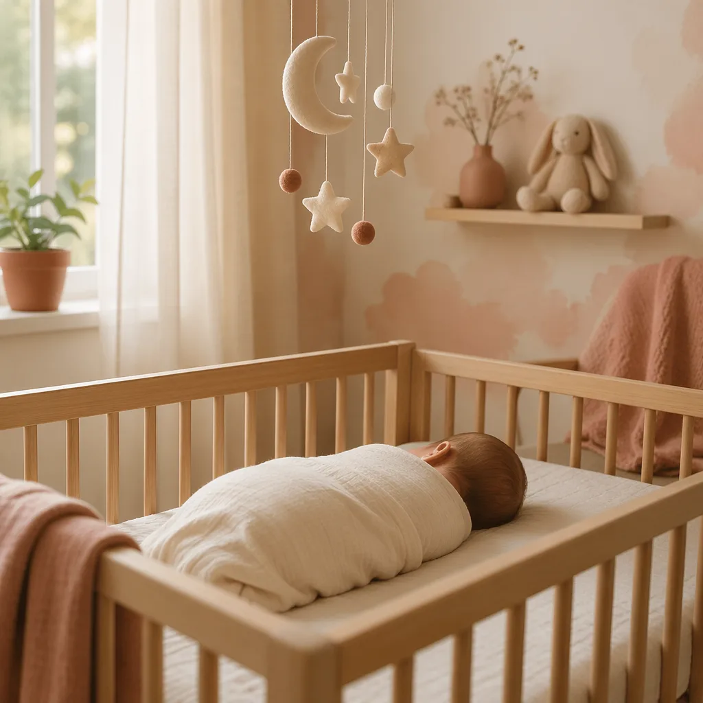 A softly lit pastel nursery with a sleeping swaddled baby and gentle moon and star decor.