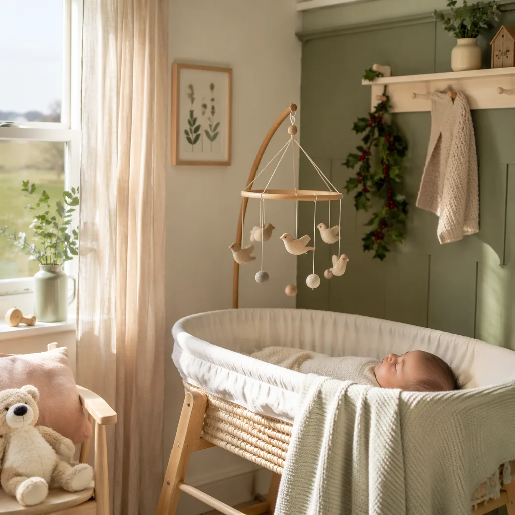 Soft nursery scene with a sleeping baby, holly sprigs, and a wooden bird mobile.