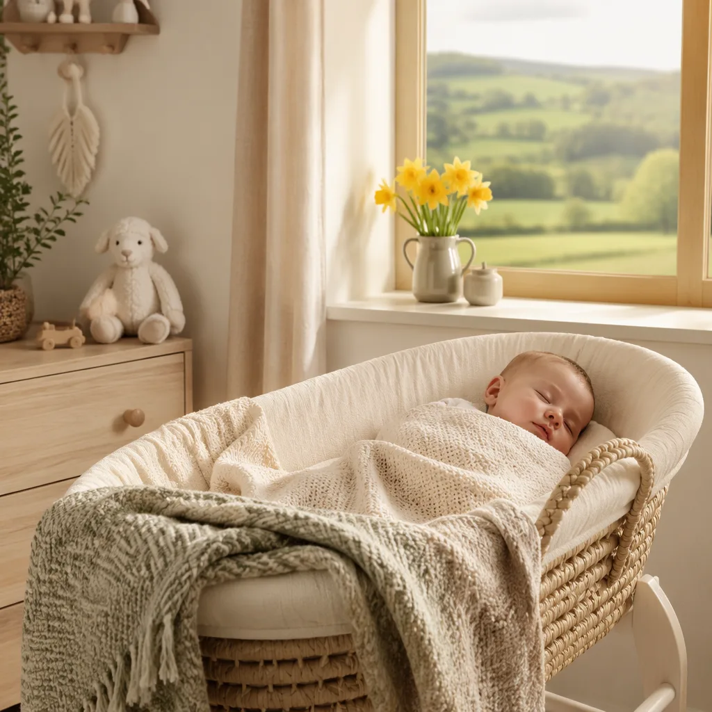Cozy Welsh-inspired nursery with a sleeping swaddled baby and soft daffodils.