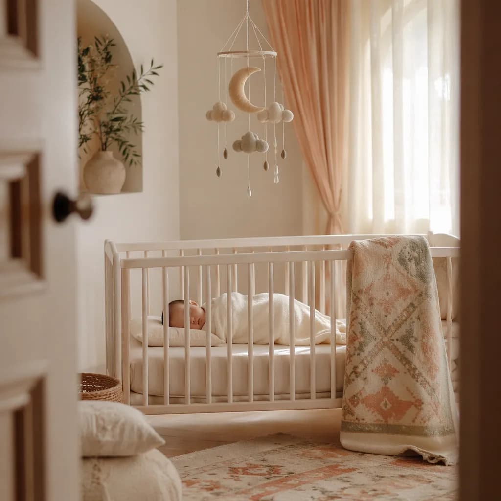 A peaceful pastel nursery with a swaddled baby, crescent moon mobile, and soft Turkish-inspired details.