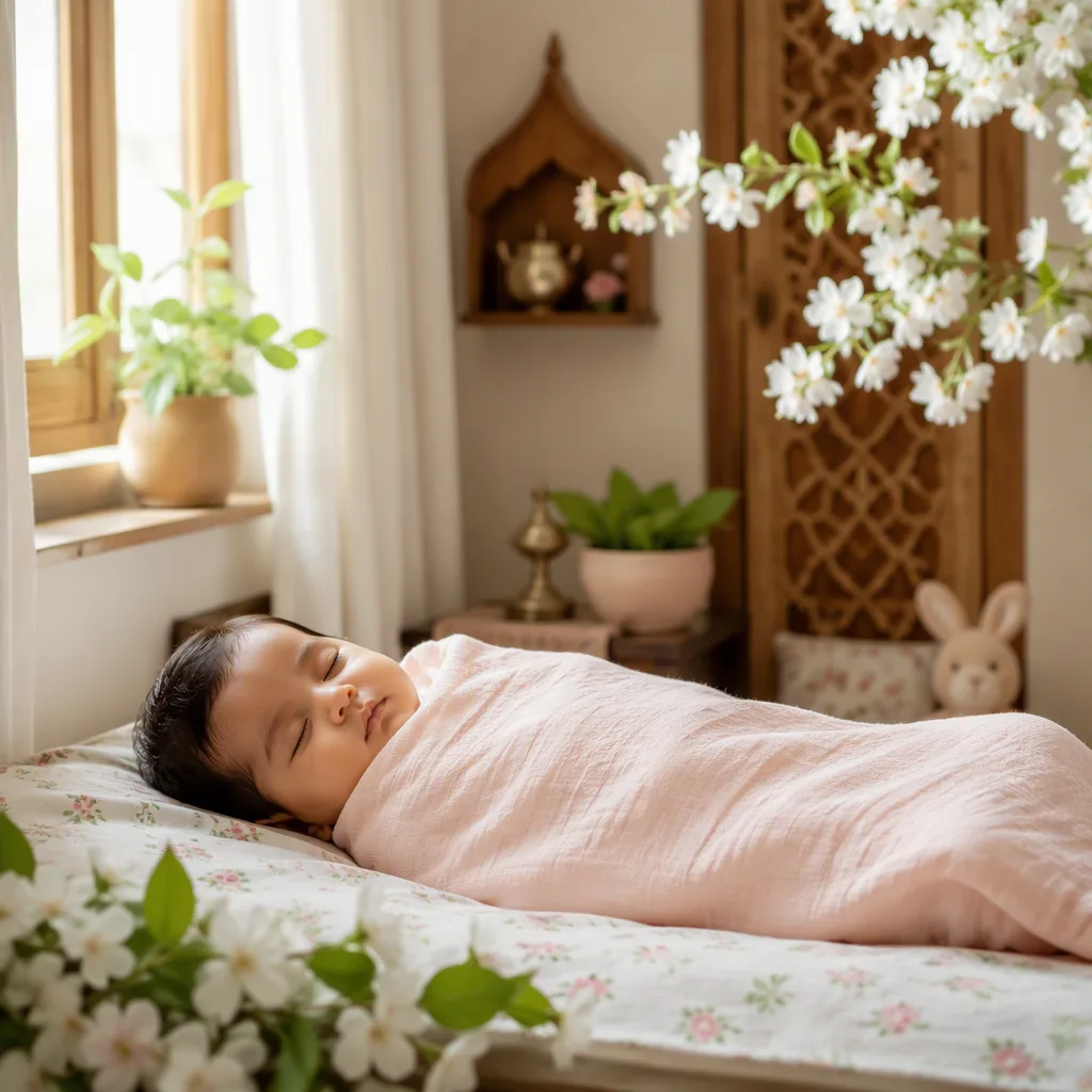 Sleeping baby in a soft spring-inspired nursery with pastel blossoms and gentle natural light.