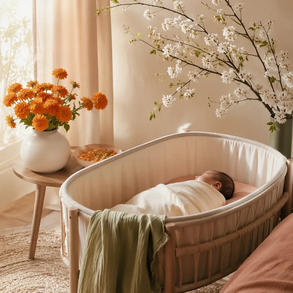 Soft pastel nursery with a swaddled baby and spring blossoms, evoking Chaitra and new beginnings.