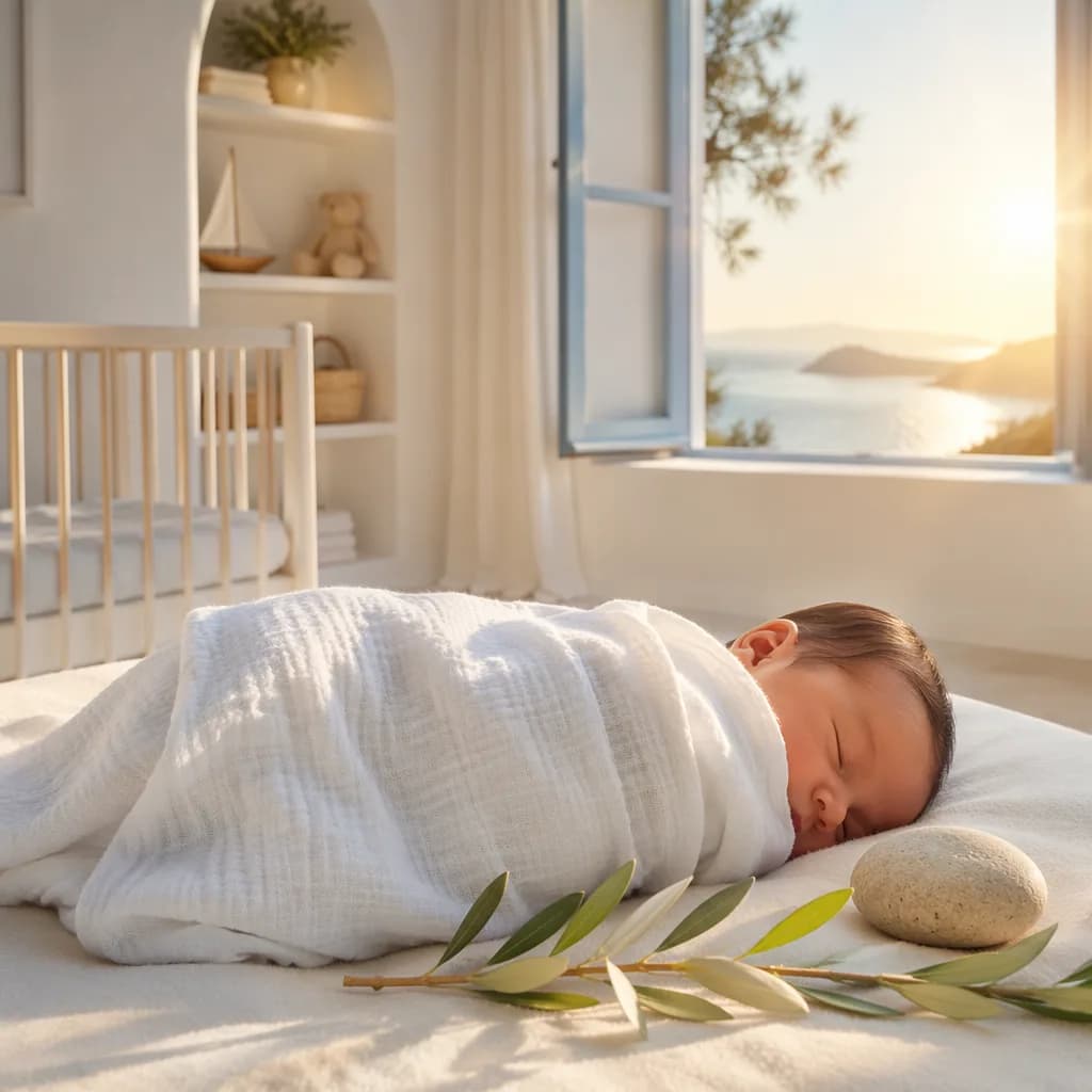A softly lit Greek-inspired nursery with a swaddled baby, olive branch, and smooth stone.
