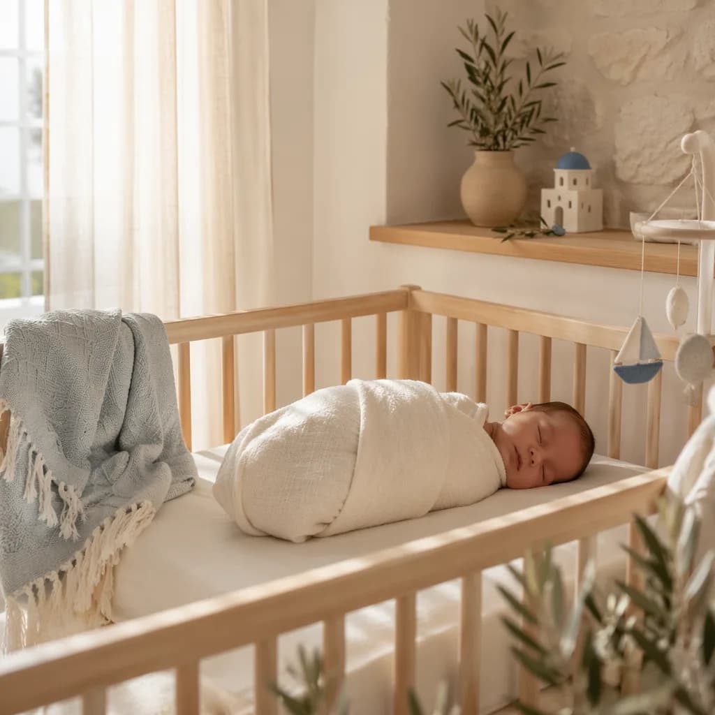 A softly lit Greek-inspired nursery with a swaddled sleeping baby and gentle Mediterranean decor.
