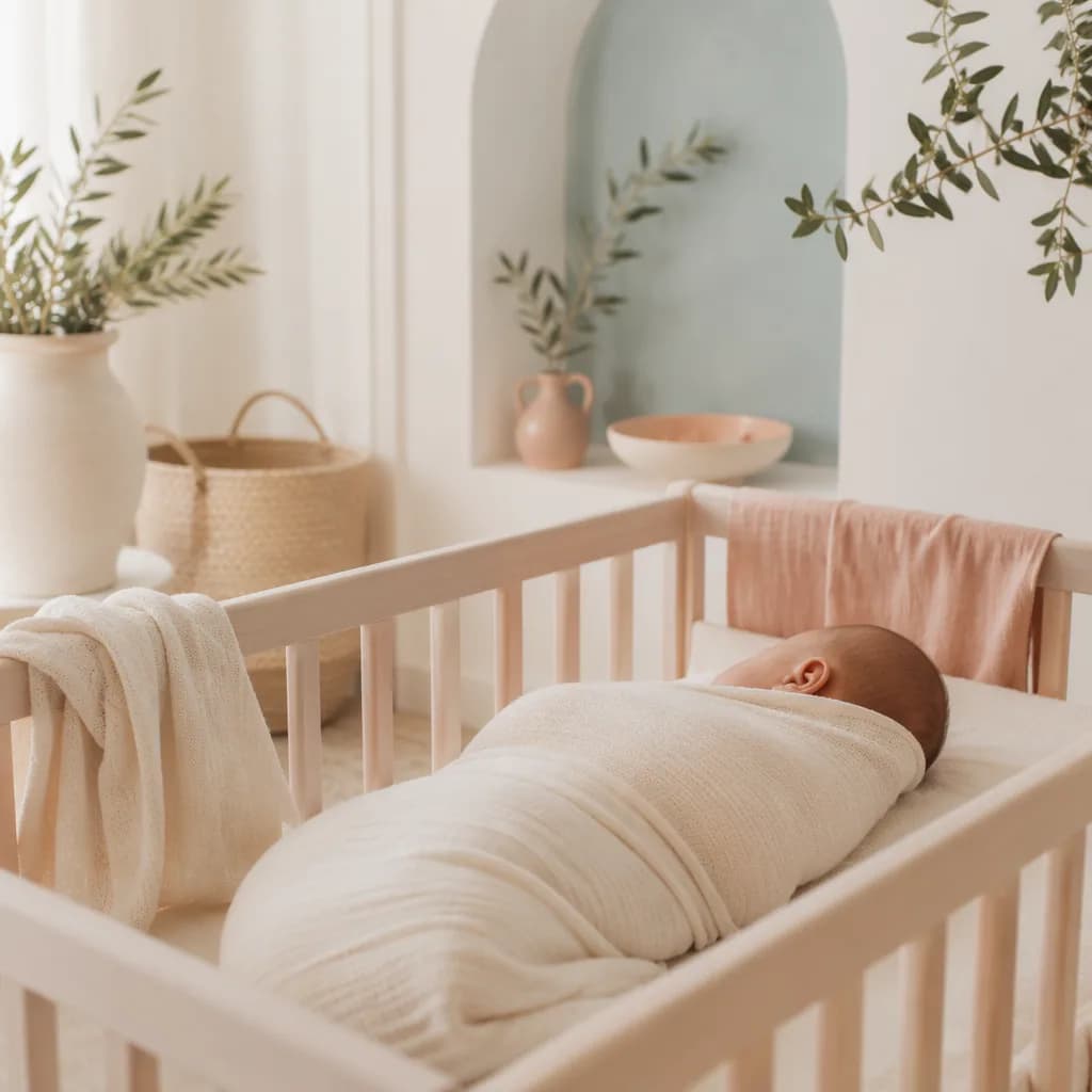 A softly lit Greek-inspired nursery with a swaddled newborn, olive branches, and pastel linen decor.