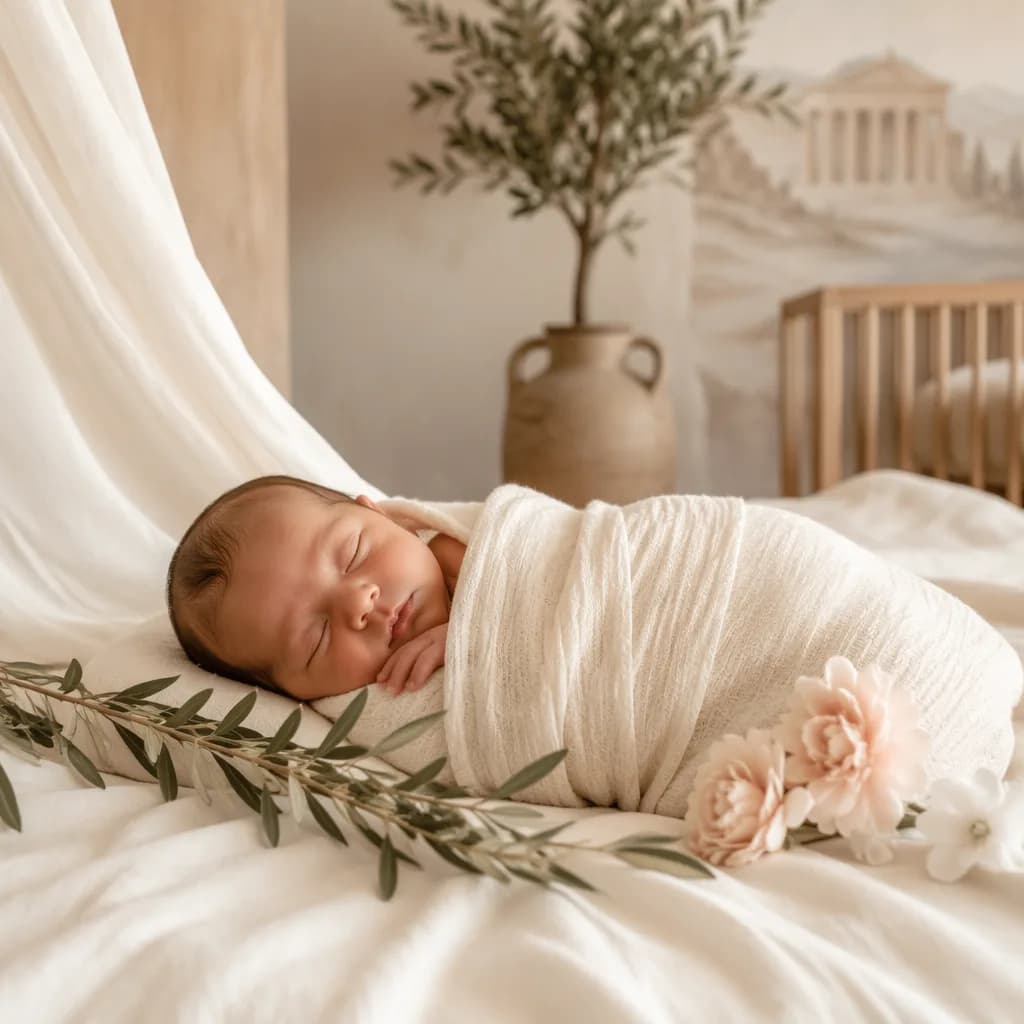 Sleeping baby in a soft Greek-inspired nursery with olive branches and pastel flowers.