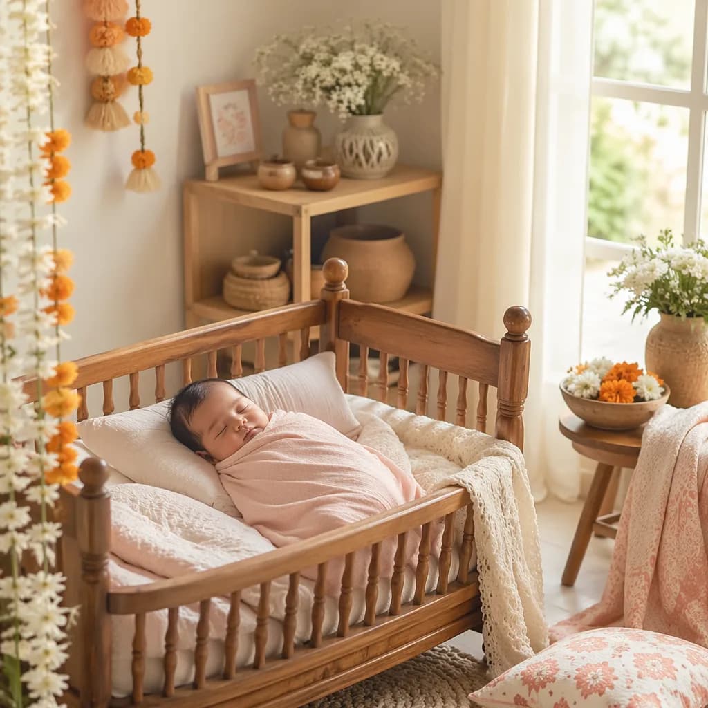 Soft pastel nursery scene with a swaddled sleeping baby and gentle Indian floral accents.
