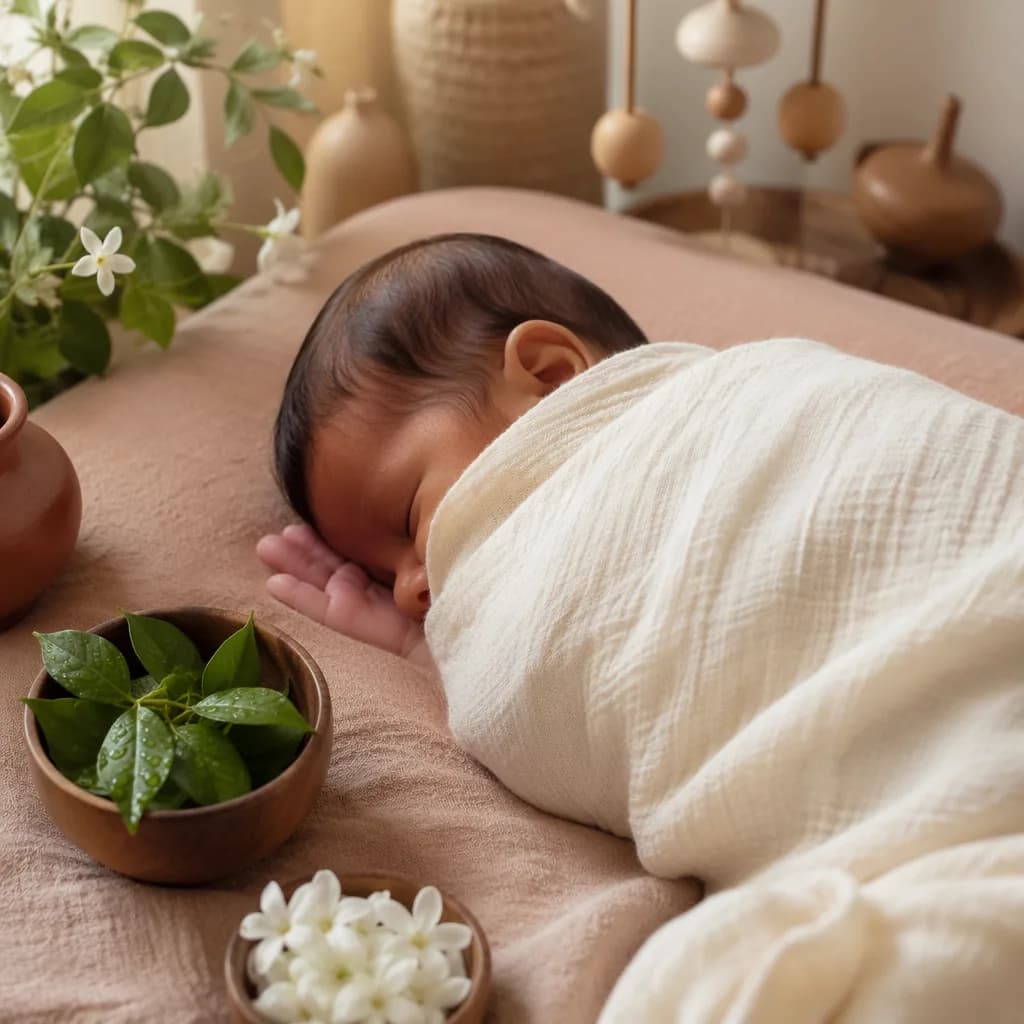 Sleeping swaddled baby in a soft pastel nursery with dewdrop leaves and jasmine accents.
