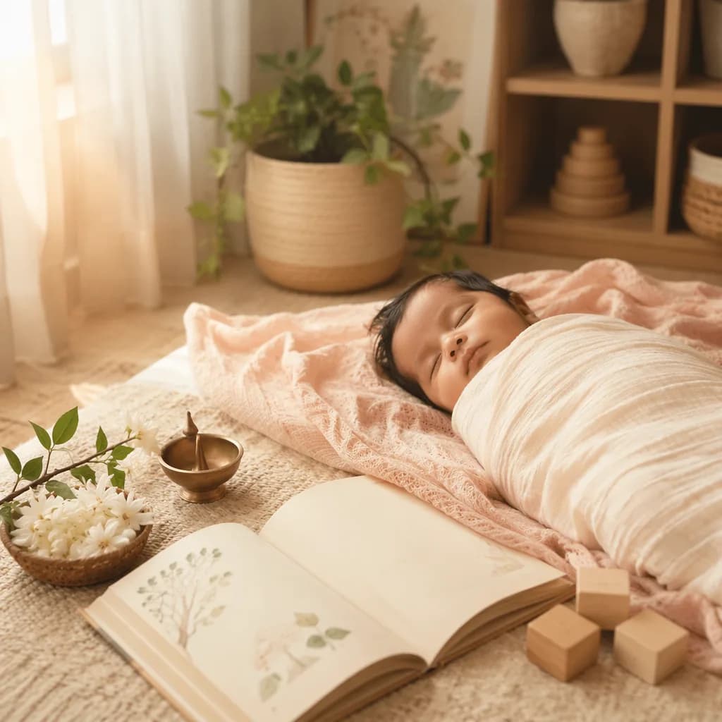 A peaceful pastel nursery with a swaddled baby and gentle symbols of beauty and wisdom.