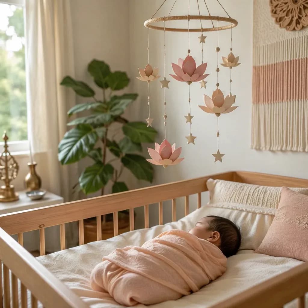 Soft pastel nursery with a swaddled baby and handmade lotus mobile in gentle natural light.