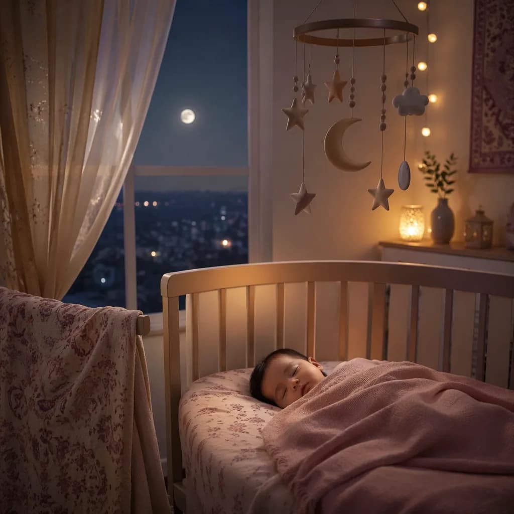 A peaceful baby sleeping in a pastel nursery with soft moonlight and a star mobile.