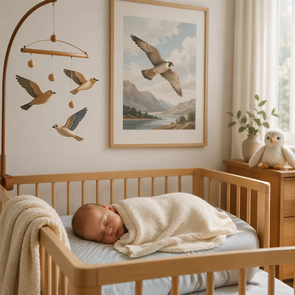 Sleeping baby in a soft nursery with gentle falcon-inspired decor.