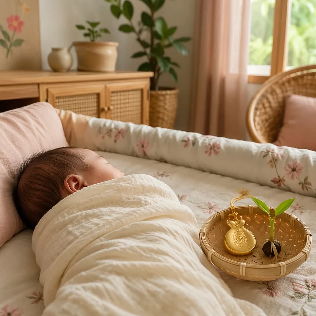A softly lit Vietnamese-inspired nursery with a swaddled sleeping baby and symbolic keepsakes.