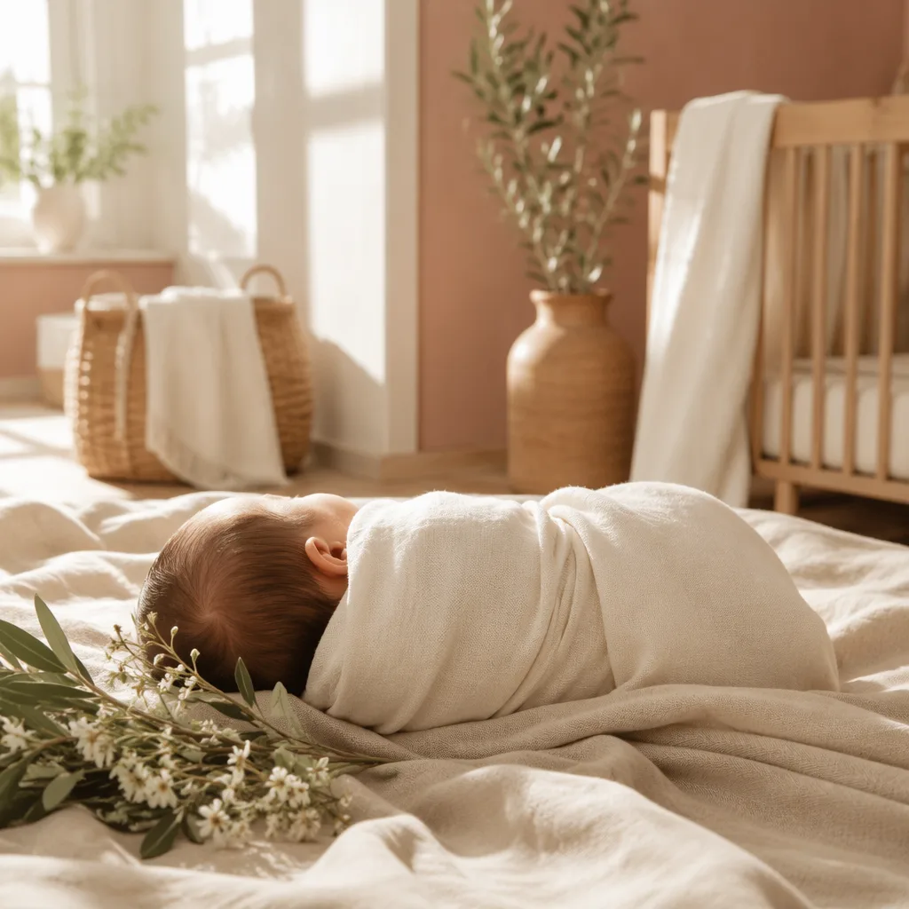 A softly lit Italian-inspired nursery with a swaddled baby, olive branch, and white flowers.