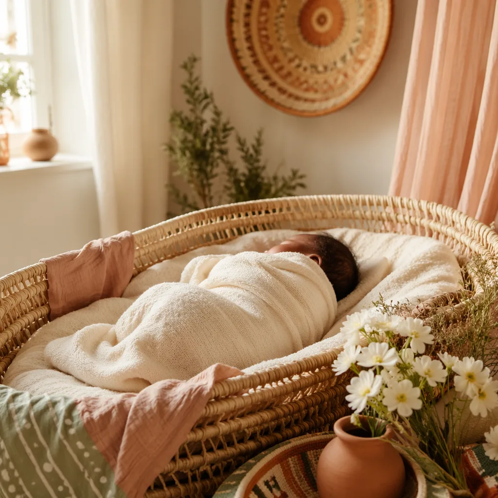 Peaceful Igbo newborn in a cozy pastel nursery with woven textures and soft natural light.
