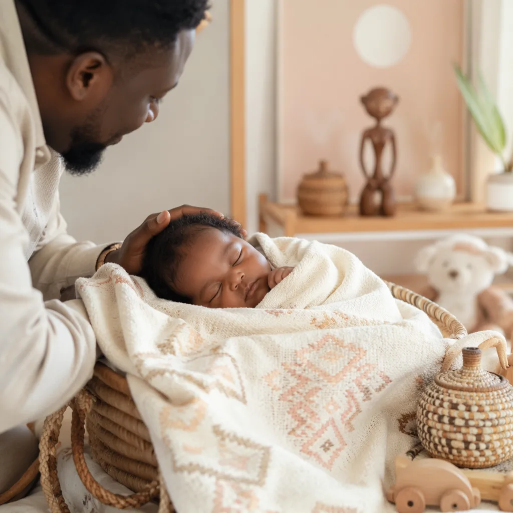 Peaceful newborn in a warm, cozy nursery with subtle Igbo-inspired decor.