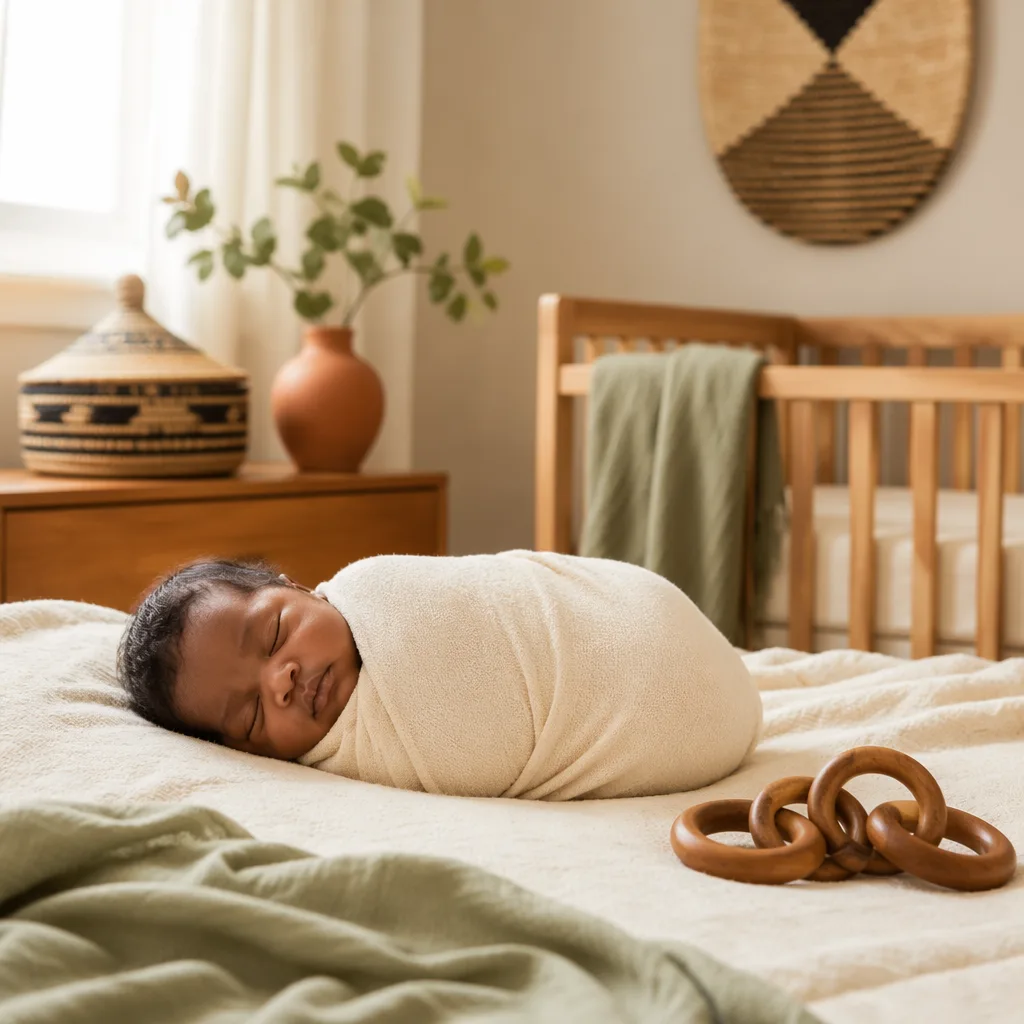 Sleeping newborn in a warm pastel Igbo-inspired nursery with woven accents.