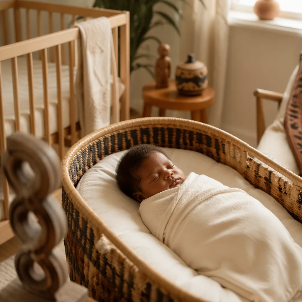A softly lit nursery with a swaddled baby and subtle Igbo-inspired decor.