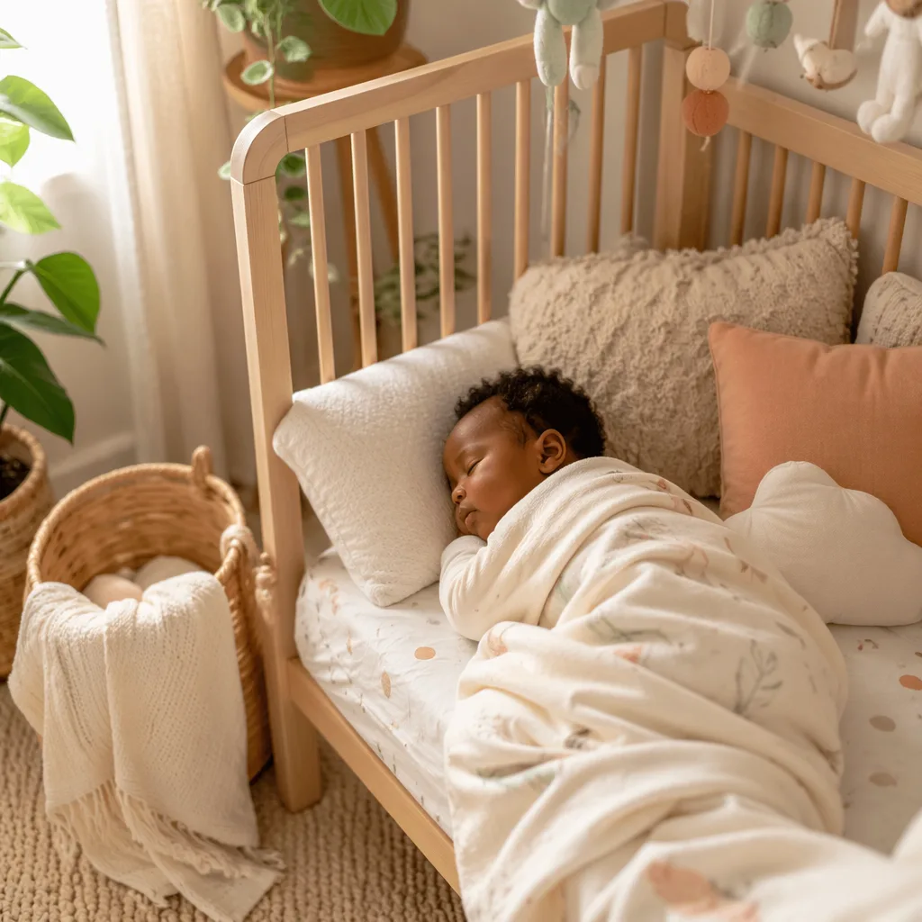 Peaceful Igbo baby in a soft pastel nursery with warm natural light.