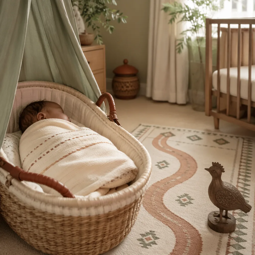 Sleeping newborn in a warm Igbo-inspired nursery with soft woven textures and gentle natural light.