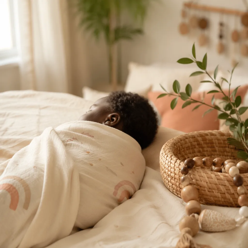 Peaceful Igbo baby in a soft, cozy nursery with warm natural light.
