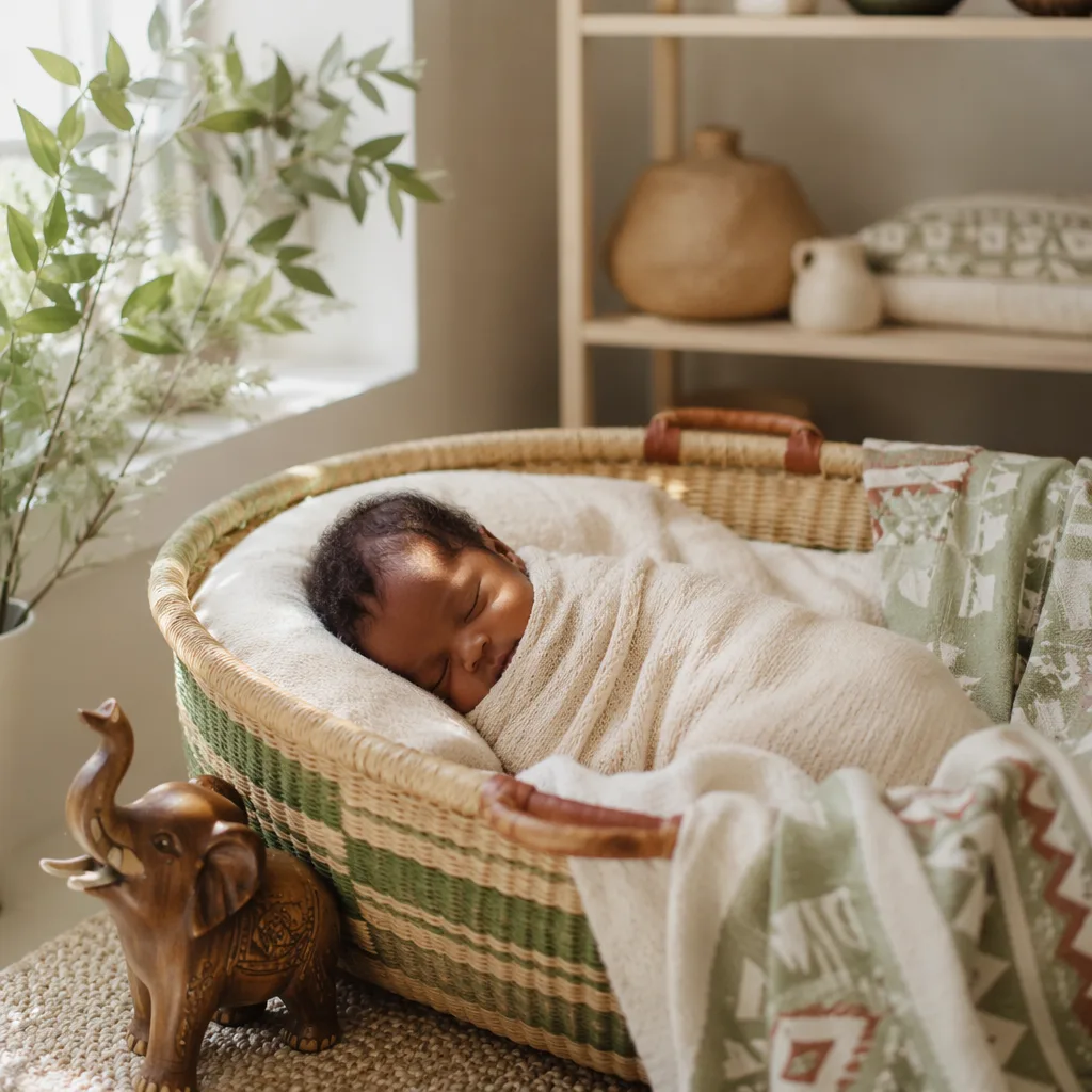 A peaceful Igbo-inspired nursery scene with a swaddled baby in a woven bassinet.