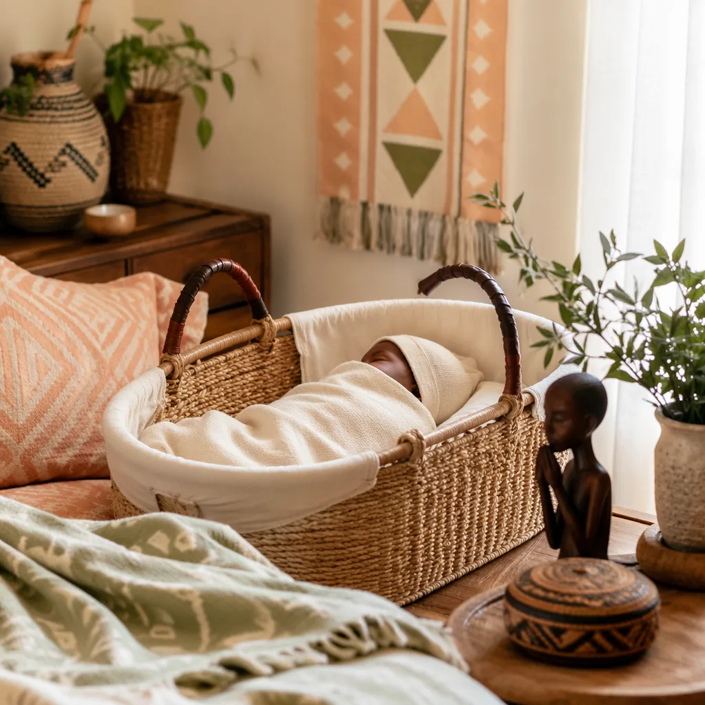 A softly lit Igbo-inspired nursery with a swaddled sleeping newborn in a woven basket.
