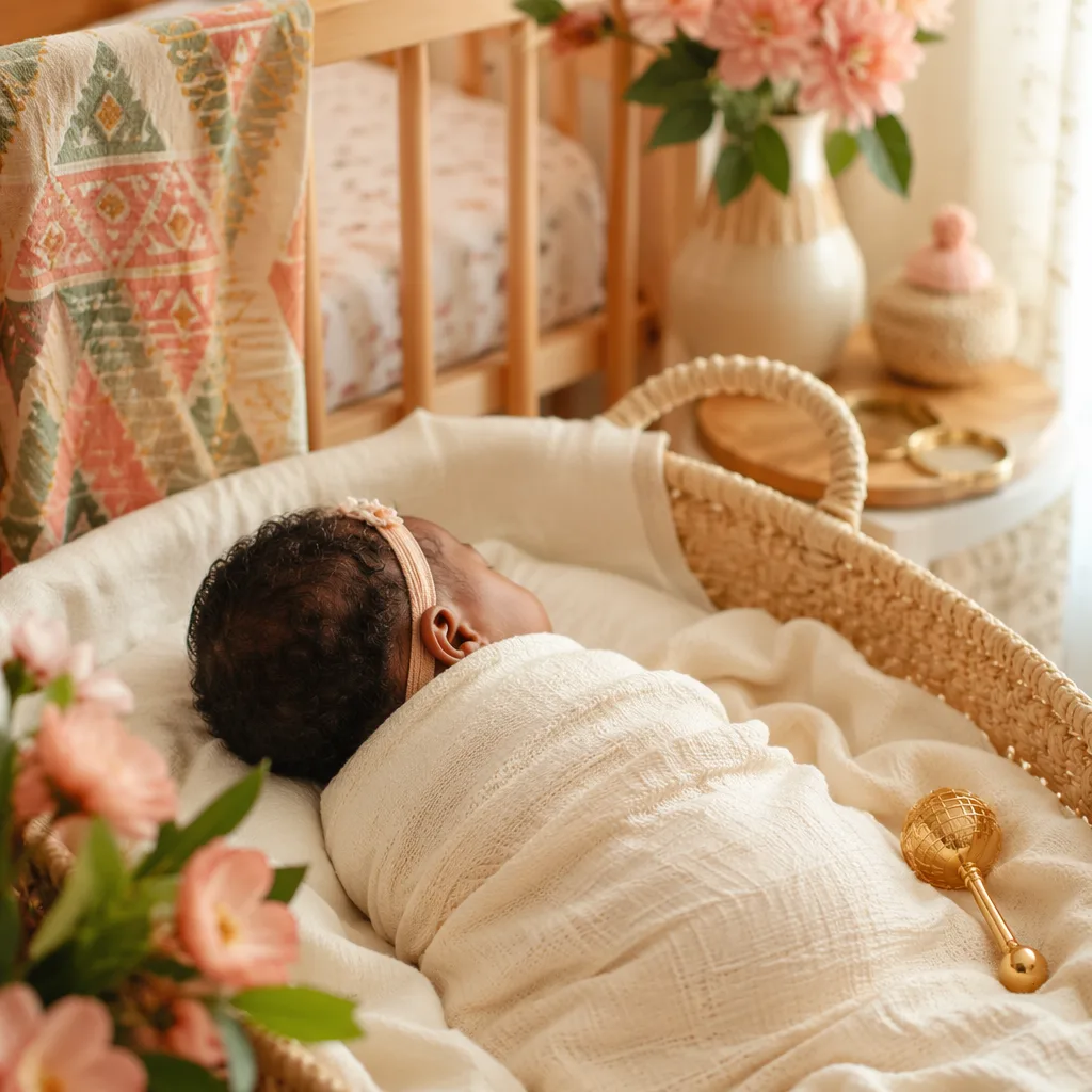 Sleeping Nigerian newborn in a softly lit cozy nursery with warm pastel Igbo-inspired decor.