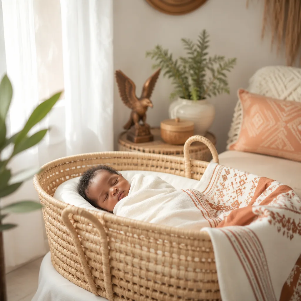 Sleeping baby in a cozy pastel nursery with Igbo-inspired accents and a small eagle figurine.