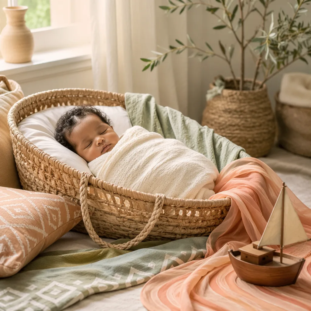 Sleeping baby in a cozy Igbo-inspired nursery with soft woven accents symbolizing a blessed journey.