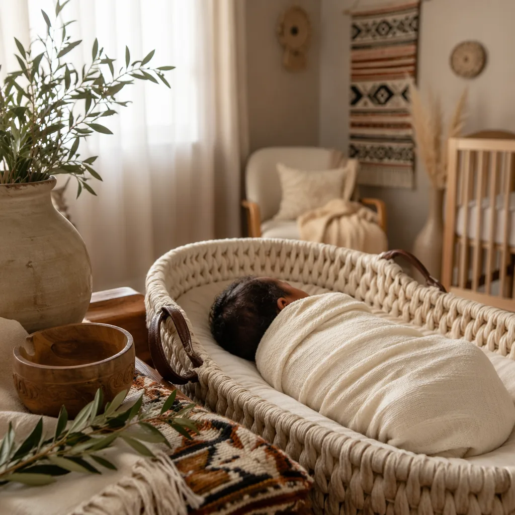 A swaddled newborn in a warm pastel nursery with subtle Igbo-inspired accents.
