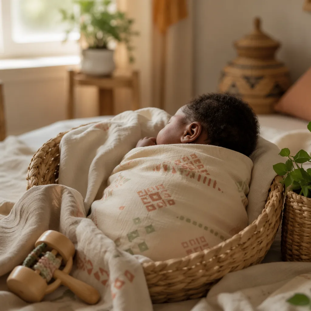 Peaceful swaddled baby in a soft Igbo-inspired nursery with warm natural light.
