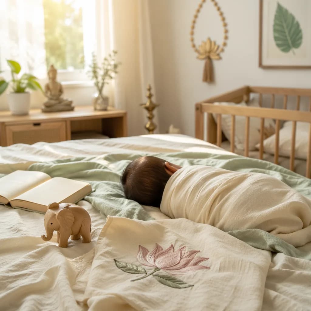 Peaceful baby in a soft pastel nursery with lotus and elephant details.