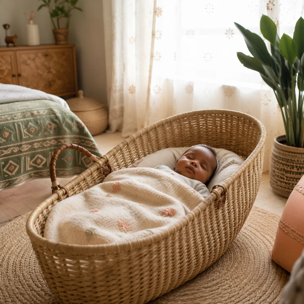 Sleeping baby in a warm pastel nursery with subtle Nigerian-inspired details.