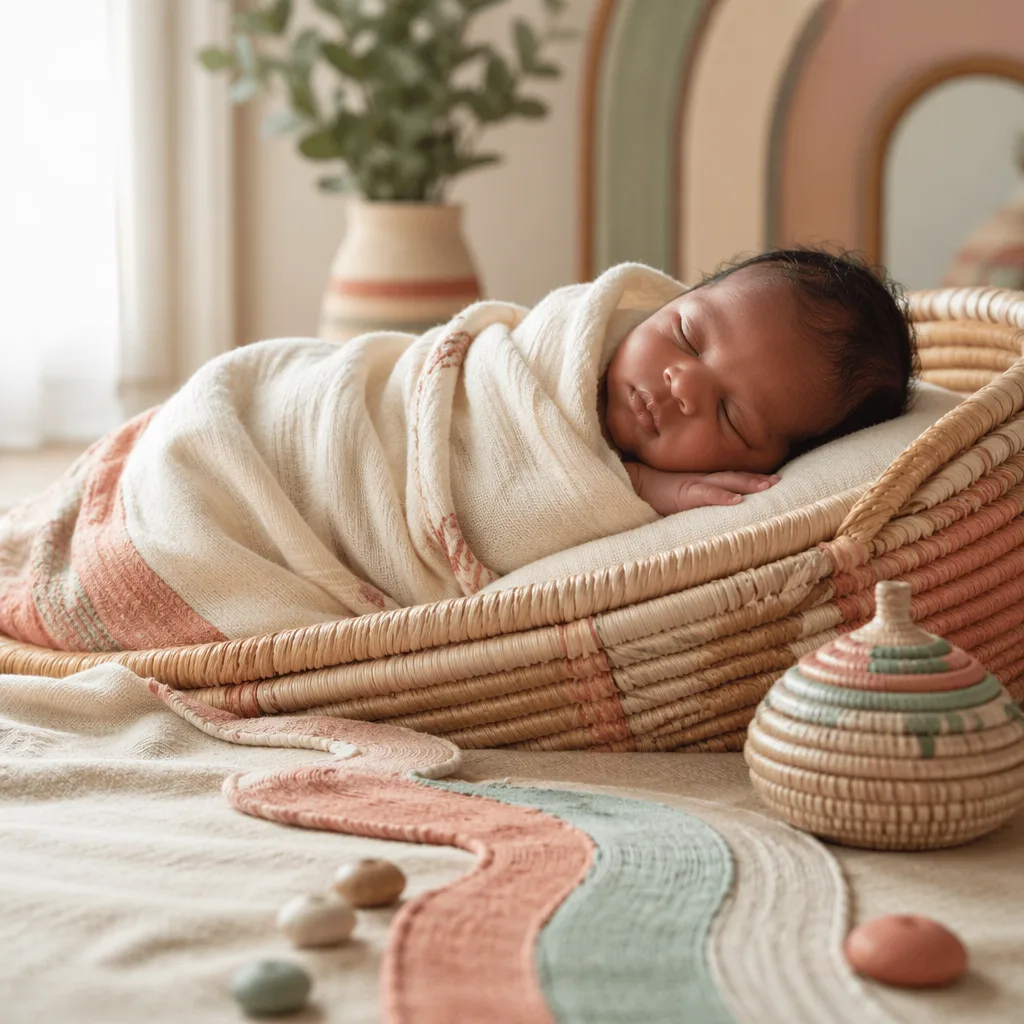 Sleeping newborn in a warm pastel nursery with Igbo-inspired woven accents.